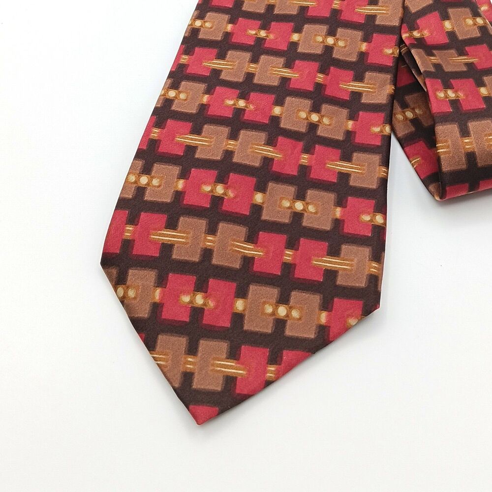 Echo Silk Tie Mens 58.5” Brown Red Geometric Art Deco Italy Luxury Wide New